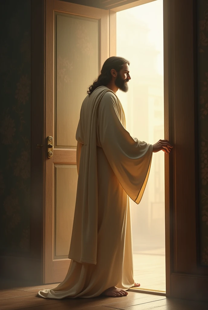 Jesus opening the door to enter leaving it half open ,  waiting for permission to enter with his hand on the doorknob 