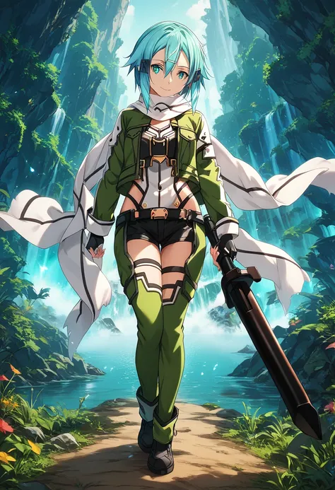 ( sword art online)，Chinon，masterpiece,  top quality ,  Ratings Explicit ,  1 girl,   heterosexual lover,smile, rough breathing, High Definition ， very aesthetic， glossy skin， style， Beautiful Eyes，8K resolution， pretty girl， standing， sniper rifle，(top qu...