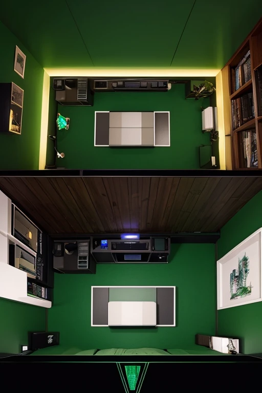 View from above、A stylish dark room based on cyberpunk emerald green。 bed、reluctant machine、Bookshelf、 closet in the castle room、tv set、Electronic keyboard。 illustrations、Pixel art