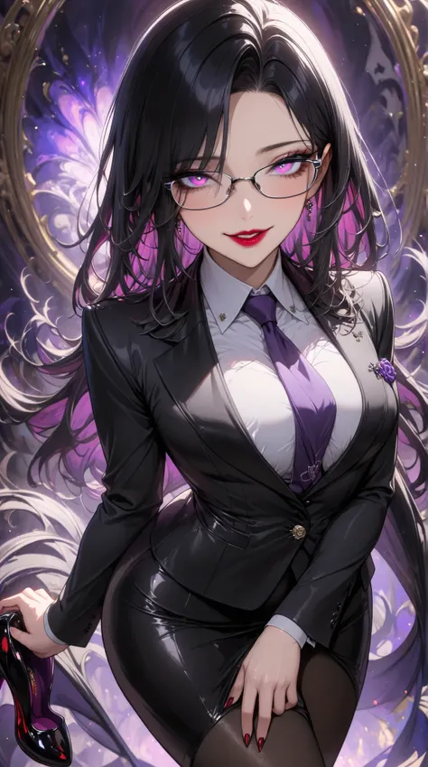  1 mature beautiful woman ,(masterpiece:1.3, top quality :1.3, very detailed depiction:1.3, incredible high resolution:1.3,High quality anime drawings),( office lady with straight black hair,An excellent female secretary,Villainess,Glasses),( business suit...