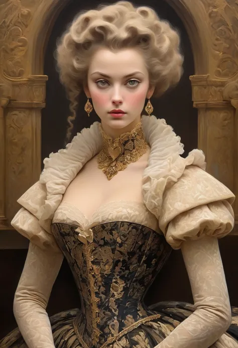 A captivating, surreal portrait of a regal woman exudes vintage and fantastical charm. The subjects heart-shaped face is framed by voluminous, golden-hued waves, accentuating her striking dark eyes and pale complexion. She dons an elaborate ruffled collar ...