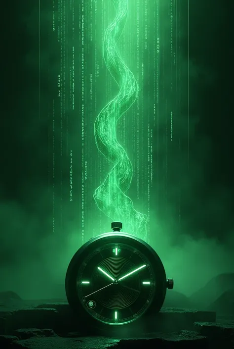 Make a Matrix-like image with a code and a clock underneath 