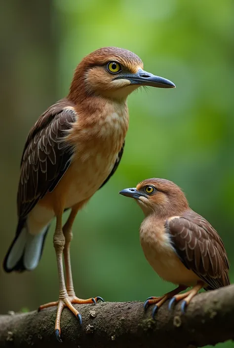 A small wading bird with large yellow eyes and a general earthy brown color, on a tree.  Below two Chigüiros with the solid trunk , the thick and heavy head ,  the snout is truncated and wide . The eyes are small, the ears are poorly developed and the uppe...