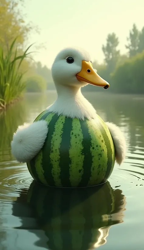 "A surreal yet hyper-realistic hybrid of a duck and a watermelon, captured in a wide-angle shot as it paddles across a serene pond. The creature’s round body is shaped like a watermelon, with a textured green rind covered in natural stripes. Its head and n...