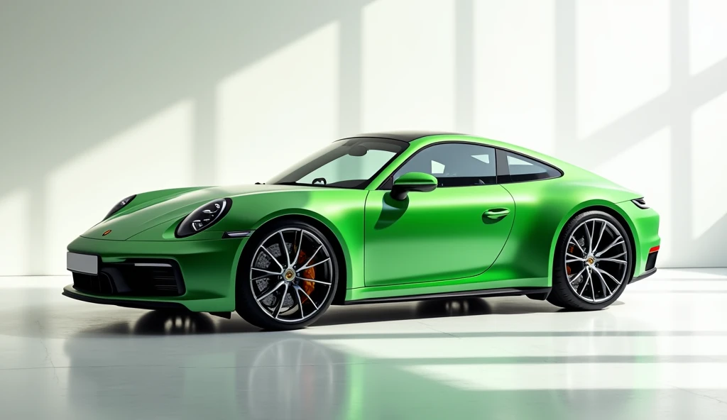 A photo of a 2025 Porsche 911 Carrera side view in a Luxurious Showroom. The Car is Green and has a sleek design. The background is white. The lighting is bright.
