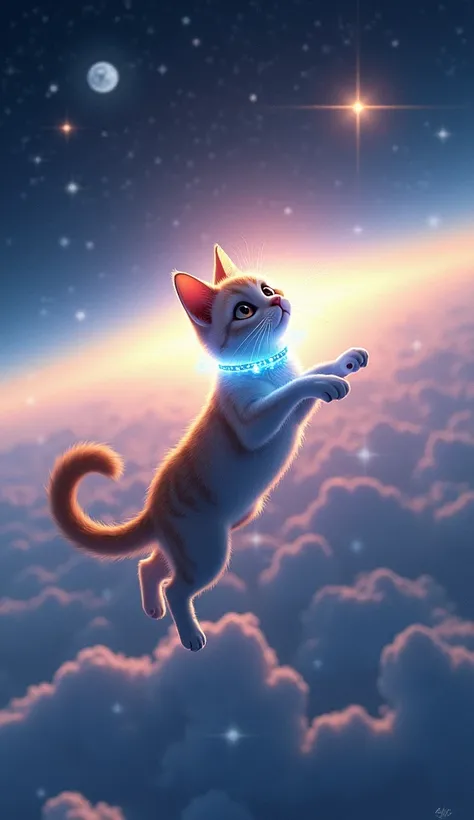 Create a magical scene where Luna, the humanoid cat, is soaring down from the stars toward Earth. Just before she lands, a glowing, futuristic space collar materializes around her neck as a special souvenir from her cosmic adventure. The collar should be e...