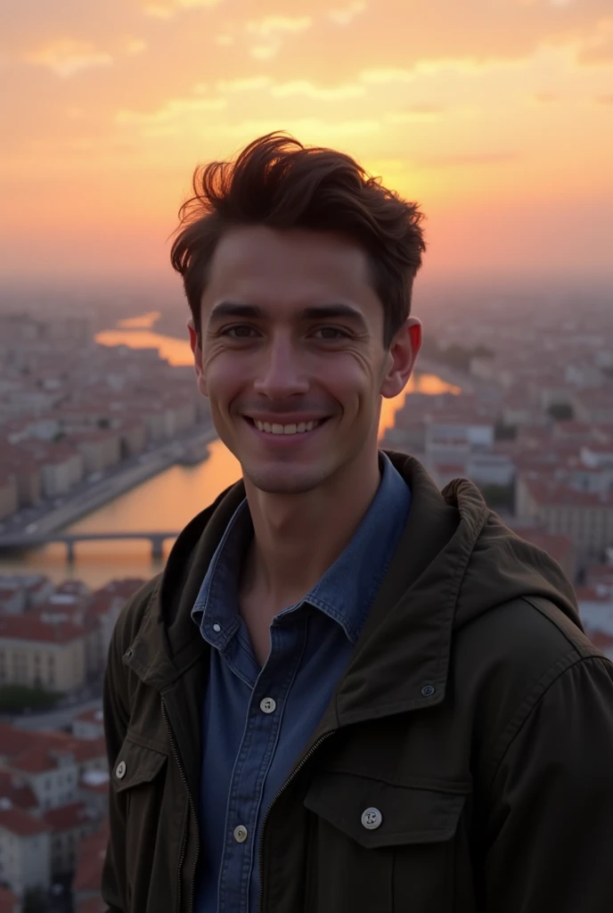 An iphone shot of a young mediterean adult man standing on the heights of Fourvière in Lyon during sunset. The individual has short dark brown hair styled to the side with volume and eyes, short neat hair, squared face, dressed in simple clothes, looking a...