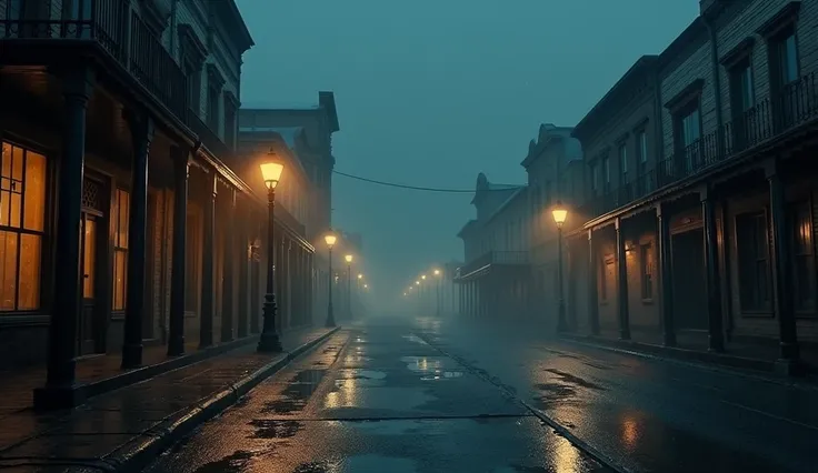 Old West City Corner The Empty Night, Last century around the year 1880 , heavy rain , Tense atmosphere,  dark and melancholic in high definition , 4K