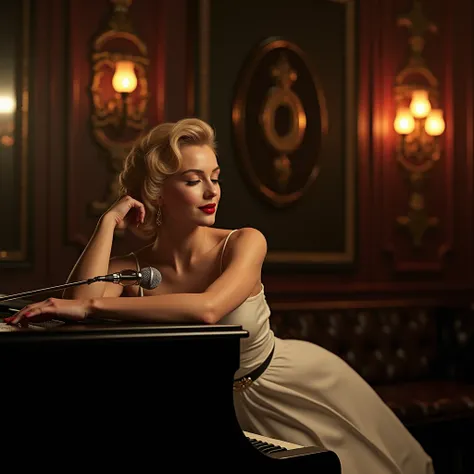 a photo realistic image of the face and shoulders of beautiful elegant female lounge singer laying across a piano with a microphone in her hand in a speakeasy. she is about to sing. she is dress in an elegant long white dress she is thin with wide hips and...