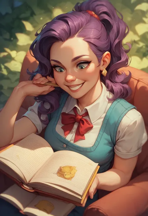 A smiling eleven-year-old , no pissing style,  reading a yellow book that has a life of its own ,  while her mother sees her as serious and a little upset