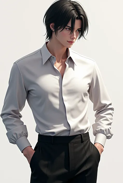 Black hair, shirt suits, black pants