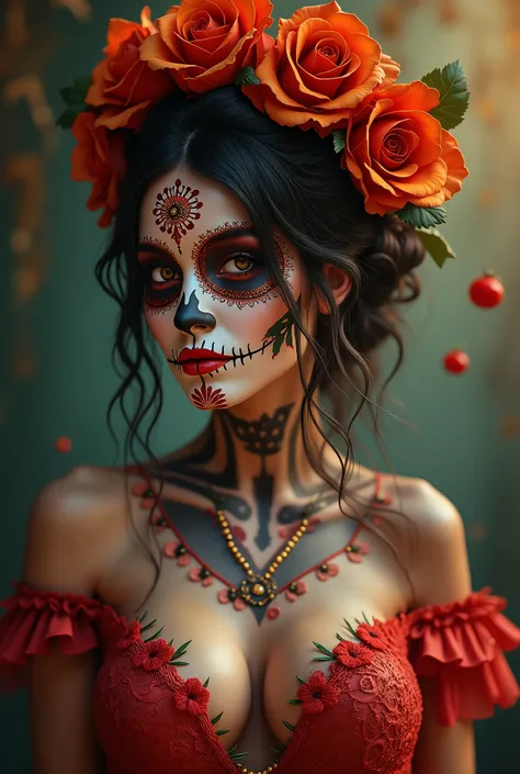 Beautiful sexy Sugar Skull woman,  bokeh nackground, masterpiece quality,  hd, perfect body, perfect face, traditional day of the dead face paint, seductive,  alluring, erotic, flirty, body paint, topless