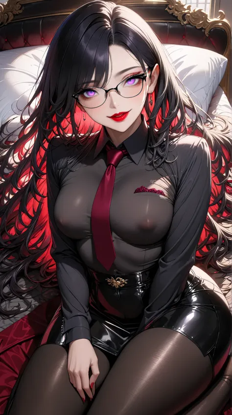  1 mature beautiful woman ,(masterpiece:1.3, top quality :1.3, very detailed depiction:1.3, incredible high resolution:1.3,High quality anime drawings),( office lady with straight black hair,An excellent female secretary,Villainess,Glasses),( business suit...