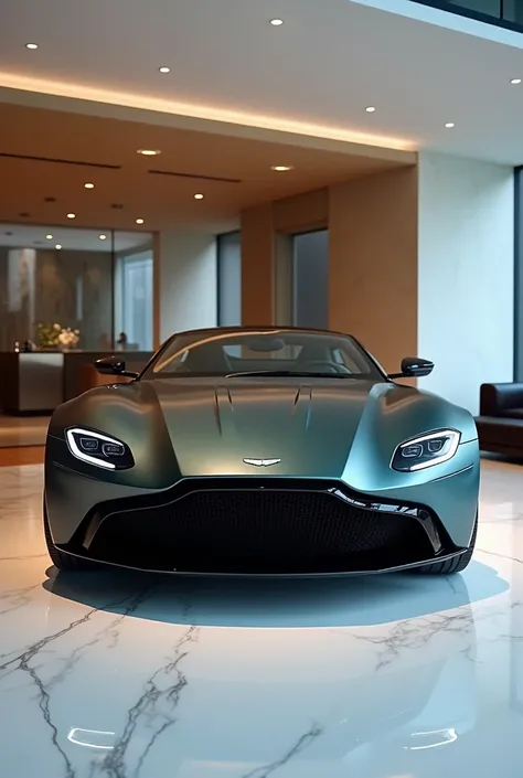 "A back view of luxury (2025 Aston Martin Vantage)  car displayed in a sleek, high-end showroom. The car is positioned on a polished, white marble floor with soft, ambient lighting accentuating its sculpted body. The backdrop features minimalist, modern de...