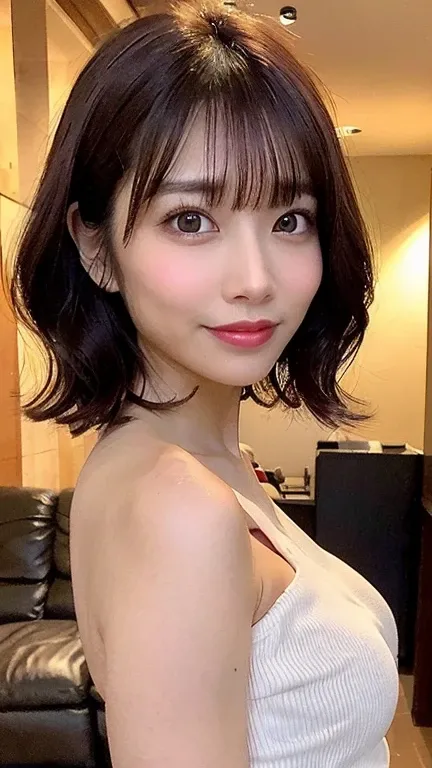 smile、night、 Original photo、((( Ultimate Beautiful Portrait )))、(( shiny skin))、 1 girl、 Beautiful girl from Prague、Bright expression、((  brown hair on one woman))、(breast fissures )、(( has big eyes shining like jewels))、( strapless  cropped tops:1.35), ( ...