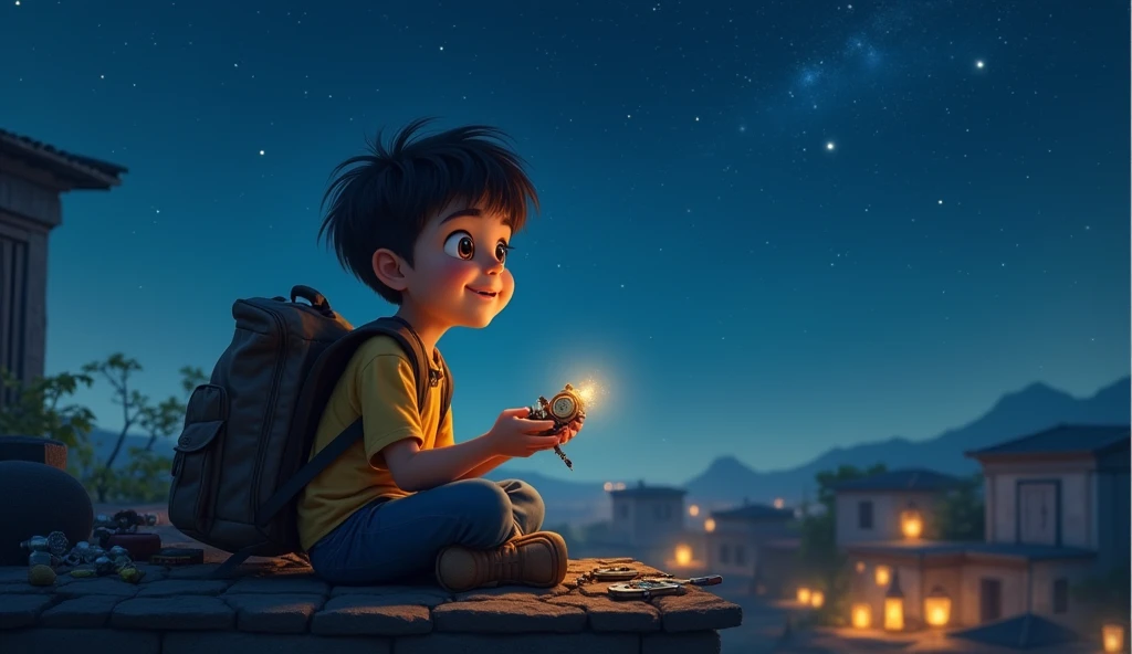 "A cheerful young boy with a backpack, sitting on the rooftop of a modest village house under a clear starry night sky. His small hands are holding a broken watch, with scattered mechanical parts and tools beside him. His eyes sparkle with curiosity and de...