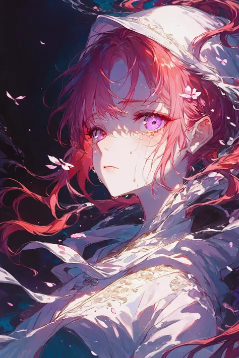 Illustration, Top Quality, Pixiv Illustration, Very Detailed, Animated, Alone, Detailed Eye and Detailed Face, Pink Hair, Odd Eye, Left Red Eye, Right Purple Eye, Long Hair, Low Ponytail, White Hood Clothes, Floating Petal Background, Tears