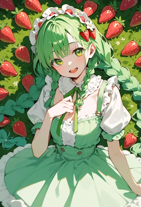 a girl anime girl with lots of green hair and strawberries around her, 1girl, green eyes, solo, green hair, braid, twin braids, flower, long hair, dress, hair ornament, smile, short sleeves, looking at viewer, food, hair flower, blush, strawberry hair orna...