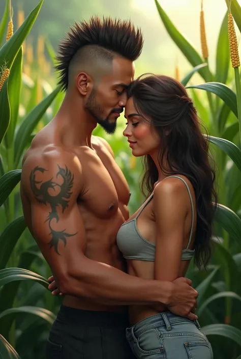 The picture shows a young Indonesian man aged 25-30, mohawk-haired and burly bodied cuddling with beautiful woman standing in lush and green corn garden, hyper realistic