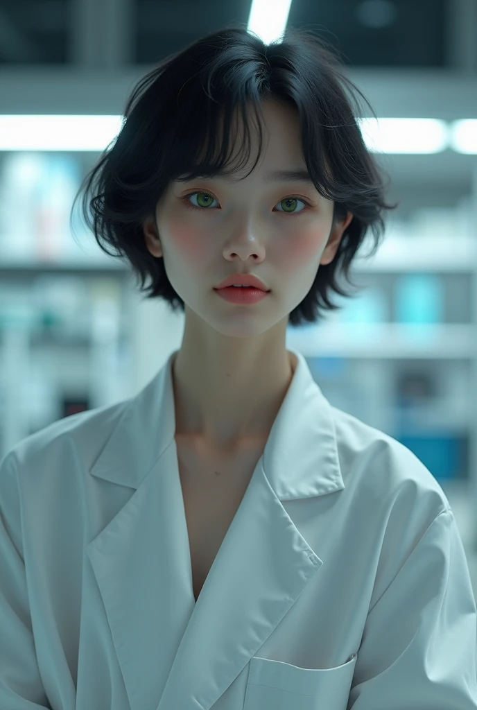 High definition, Researcher Outfit , black short hair,Chic,Laboratory , Eyes Green