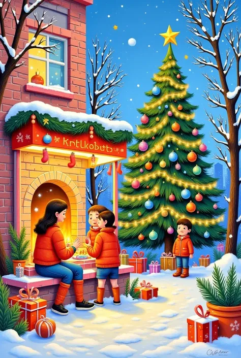 Heavy color illustration： Christmas，It was snowing outside the window，Warm Fireplace