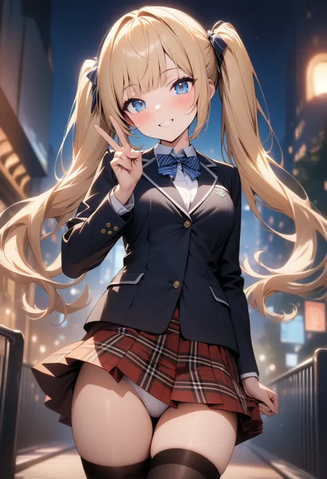 Masterpiece, ultra detailed, best quality, 1girl, student uniform, plaid skirt , Blonde, twin tails, blunt bangs, cute eyes, blue eyes , nice smile, hand peace sign, black thighhighs, A bustling park at night, white panties