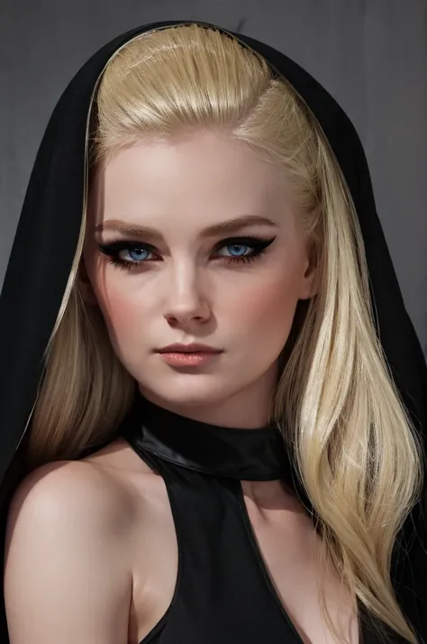 a woman pretty, blonde, slicked back ,black dress , veil , black nun veil , blonde hair , big breast,, pale skin , eyeliner ,foxy eyeliner ,art by Talbot Hughes , simple background