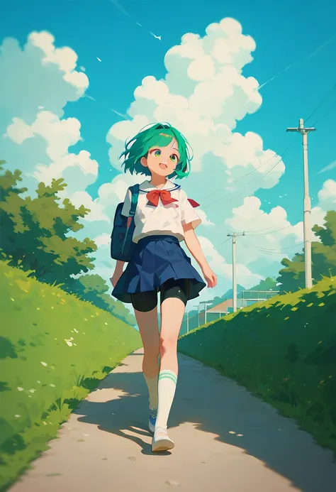 masterpiece, best quality, from front, 1girl, (bike shorts:1),shorts under skirt, black shorts, walking,  green short hair, school girl, blue sky, in bridge, long socks