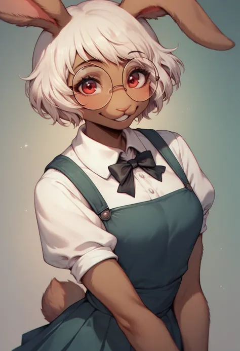 1 , to smile, furry,  anthropomorphic, rabbit ,  young woman ,  Beastars school clothes,  brown skin with white  ,  white hair,  short hair, bob hair,  red eyes , round glasses, cute curvy body 