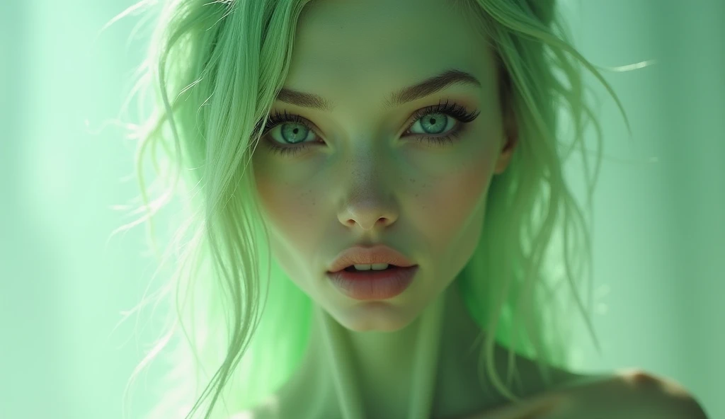 a beautidul sexy alien light green girl with long hair. close close picture