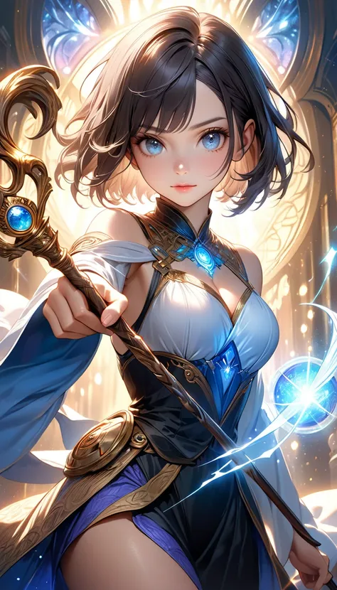 ultra-realism, fantasy art, very beautiful and young new appearance, lens flare, The beautiful wizard holding a magical staff, Assuming a defensive stance with the staff, from front, cowboy shot, look at viewer, (cute, sexy, adult), beautiful and intellect...