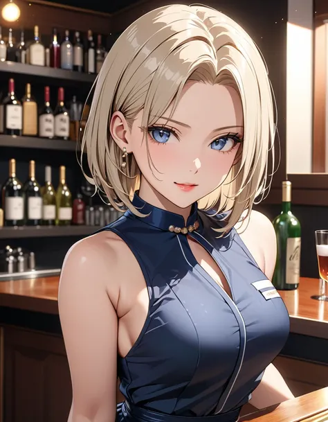  bartender , ( Japanese anime style),  cute, ( Android １８Number), Married Woman, Alluring,  Cowboy Shot , masterpiece:1.5, masterpiece, highest quality, UHD, retina, masterpiece, accurate anatomy, super detailed, high quality, best quality, 8k