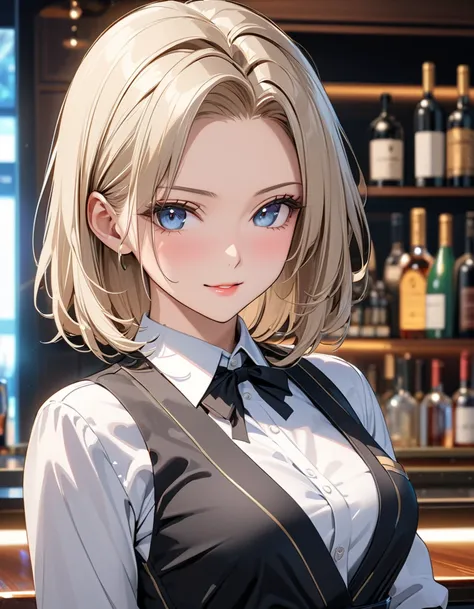  bartender , ( Japanese anime style),  cute, ( Android １８Number), Married Woman, Alluring,  Cowboy Shot , masterpiece:1.5, masterpiece, highest quality, UHD, retina, masterpiece, accurate anatomy, super detailed, high quality, best quality, 8k