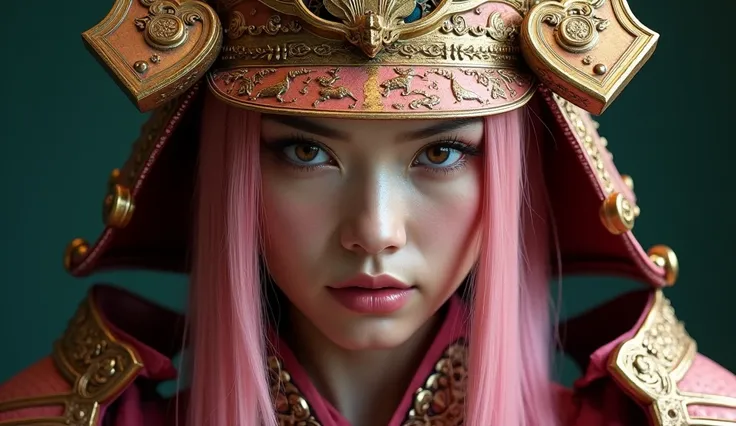 "Create a hyper-realistic_photo_portrait of a fierce female warrior with piercing brown eyes and long, stright pink hair, wearing detailed pink samurai armor with golden engravings. Her face shows  a slightly fatigued expression, but her eyes remain sharp ...