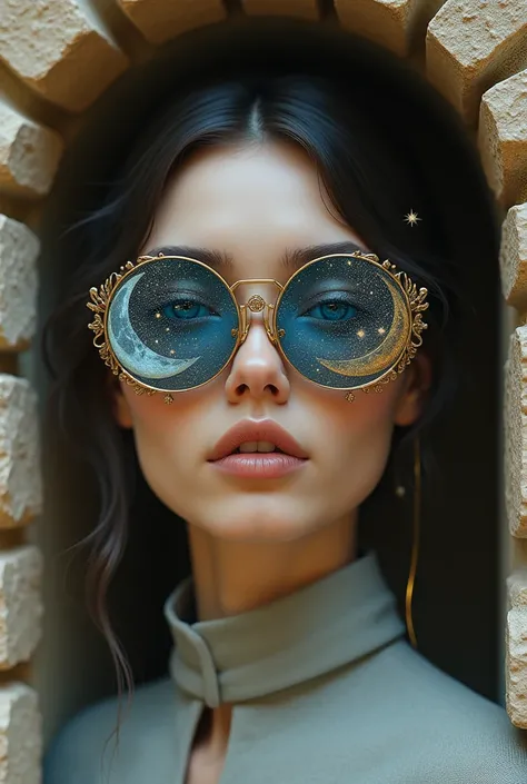 The model is wearing glass sunglasses with stars and the moon on the glassHouse model made of stone