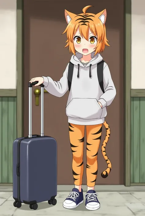 1girl, masterpiece, best quality, Tall body, tiger-girl, Tiger ears, orange hair with black stripes, yellow cat-like eyes, orange striped tail, hoodie, backpack, suitcase, standing outside door, sad face, anime style 