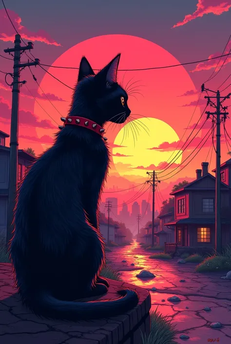 Create a pop punk artwork with a cat watching the sunset at the edge of town