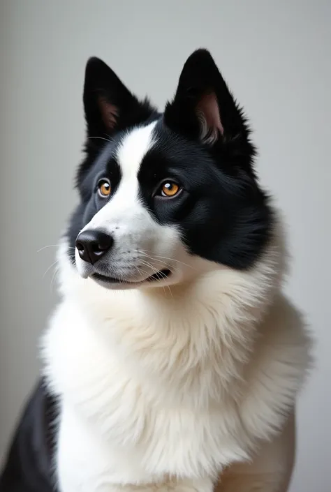 A white dog with a black face American Akita with hearing aids 