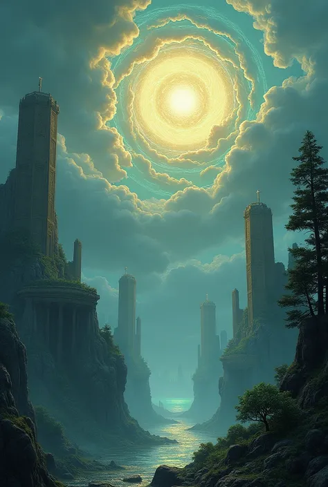 epic fantasy landscape, flying islands, mystical glowing portal, ancient stone ruins, unearthly light, surreal clouds, tall trees, floating platforms, ancient inscriptions, celestial bodies, unearthly atmosphere, dreamlike scenery, detailed textures, digit...