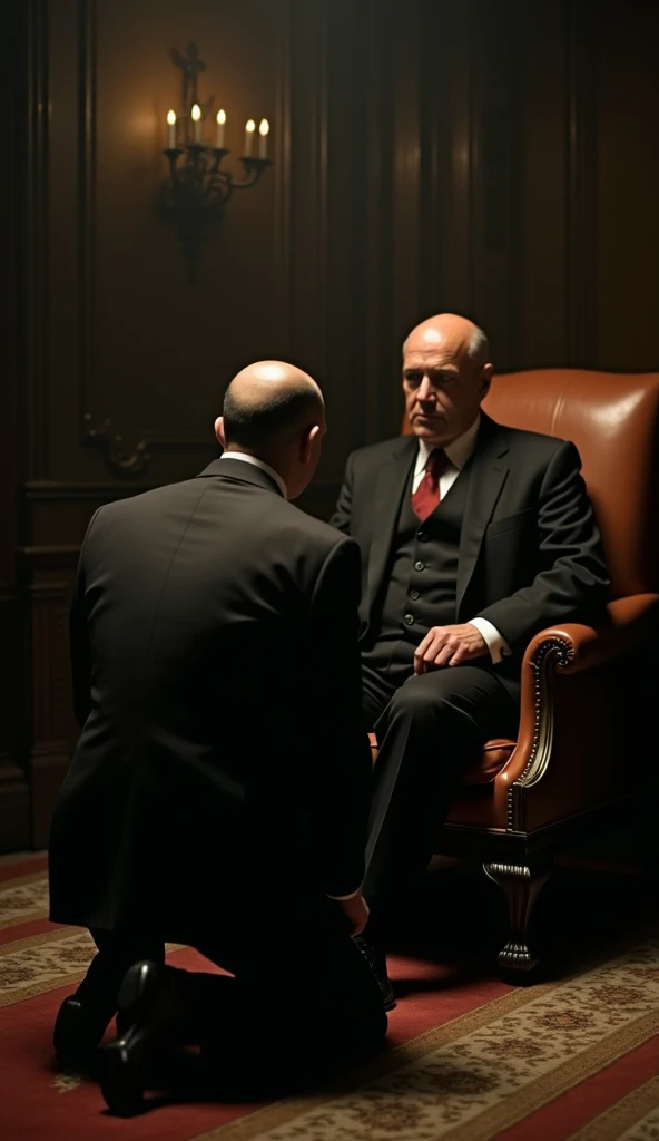 "An emotional scene in a dark, dimly lit room with a man in a suit (Amerigo Bonasera) kneeling before a powerful, calm mafia boss (Don Vito Corleone), who sits in a large chair with a stoic expression. The atmosphere is filled with tension, shadows cast ac...