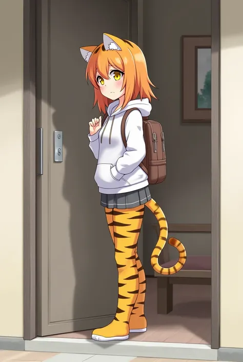 1girl, masterpiece, best quality, Tall body, tiger-girl, Tiger ears, orange hair with black stripes, yellow cat-like eyes, orange striped tail, hoodie, backpack, suitcase, standing outside door, sad face, anime style 