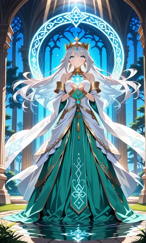  ((masterpiece, best quality)) (1girl) A powerful and enchanting goddess with glowing silver hair, wearing intricate jewelry and a crown with a throne symbol. Her dress flows like water, shimmering with magical runes. Her eyes are filled with wisdom and an...