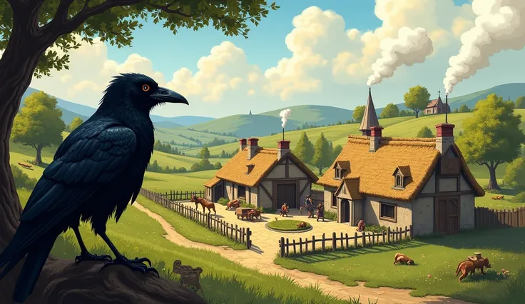 A medieval farm, a crow rests on a tree while watching the farm. Adult illustration.