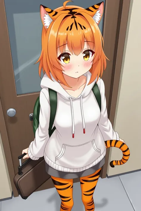 1woman, masterpiece, best quality, Tall body, tiger-woman, Tiger ears, orange hair with black stripes, yellow cat-like eyes, orange striped tail, hoodie, backpack, suitcase, standing outside door, sad face, anime style, Breasts, Tiger Ears, 