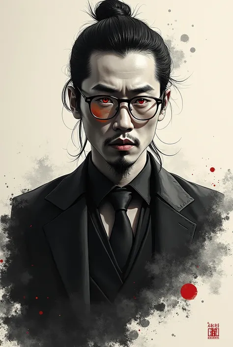 Movie poster design, blowing ink art, an Asian cold-blooded 35-year-old man with a combed back head, killer, very thick lips, wearing glasses, his pupils are red, wearing a long-sleeved undershirt, tie, sleeves rolled up, huge ink calligraphy "Xiao Yi". Br...