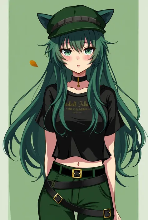 Anime girl long hair Emo shredded haiv Black shirt kneaders zombies Emo/scene  Trousers Emo/scene  green and Black striped green hat embroiders doll cat ears face the ultimate drill set Black waist strap