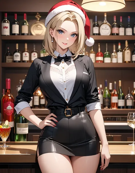  bartender ,  Santa Claus,  Christmas, ( Japanese anime style),  cute, ( Android １８Number), Married Woman, Alluring,  Cowboy Shot , masterpiece:1.5, masterpiece, highest quality, UHD, retina, masterpiece, accurate anatomy, super detailed, high quality, bes...