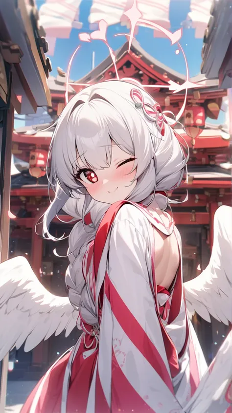 ( top quality , ),  beautiful women (One eye is red:1.2), elements. well-groomed face 、 Shy Expression 、 Silver Hair、 red eyes、smile( heart in eye、one eye closed)、A beautiful shrine maiden、 one eye is covered by hair、 1 girl、 back view,  Angelic Appearance...