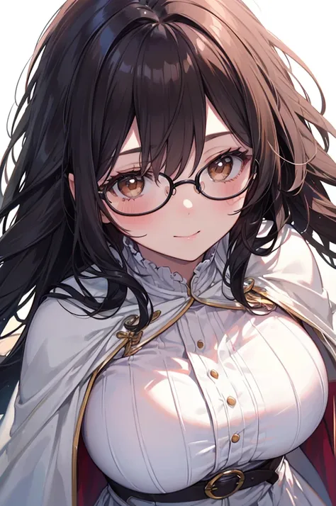 Masterpiece, ((1 girl)), ((Best Quality)), (Ultra-detailed), Highly detailed, (Portrait), ((Big breasts)), ((Long hair, Black hair, Brown eyes, Perfect Round Glasses)), ((30-years-old, Mature women)), ((White Skin)), ((White Dress, Brown Cape, Medieval)), ...