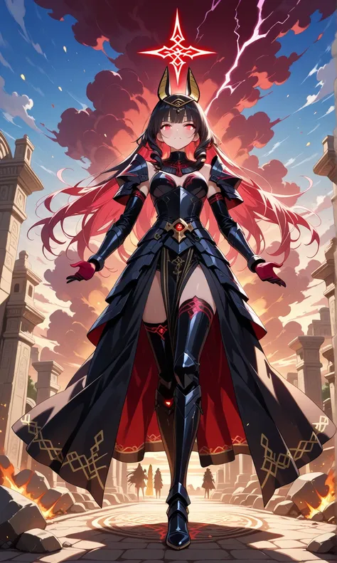 ((masterpiece, high detail)) (1girl) A fearsome goddess cloaked in dark, swirling winds, her hair flowing wildly as if caught in a storm. Her armor is jagged and sharp, made of black metal with red glowing runes. Her eyes burn with chaos, and lightning cra...